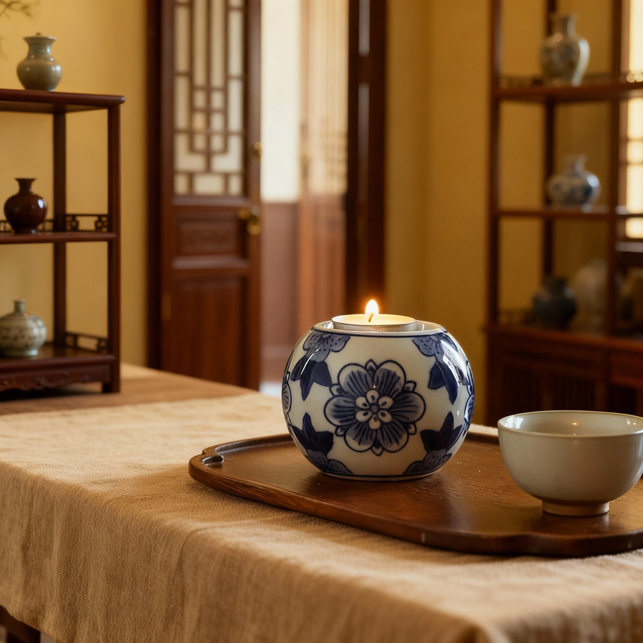 青花瓷莲花茶烛台陶瓷装饰摆件家居客厅书房茶室古典工艺品