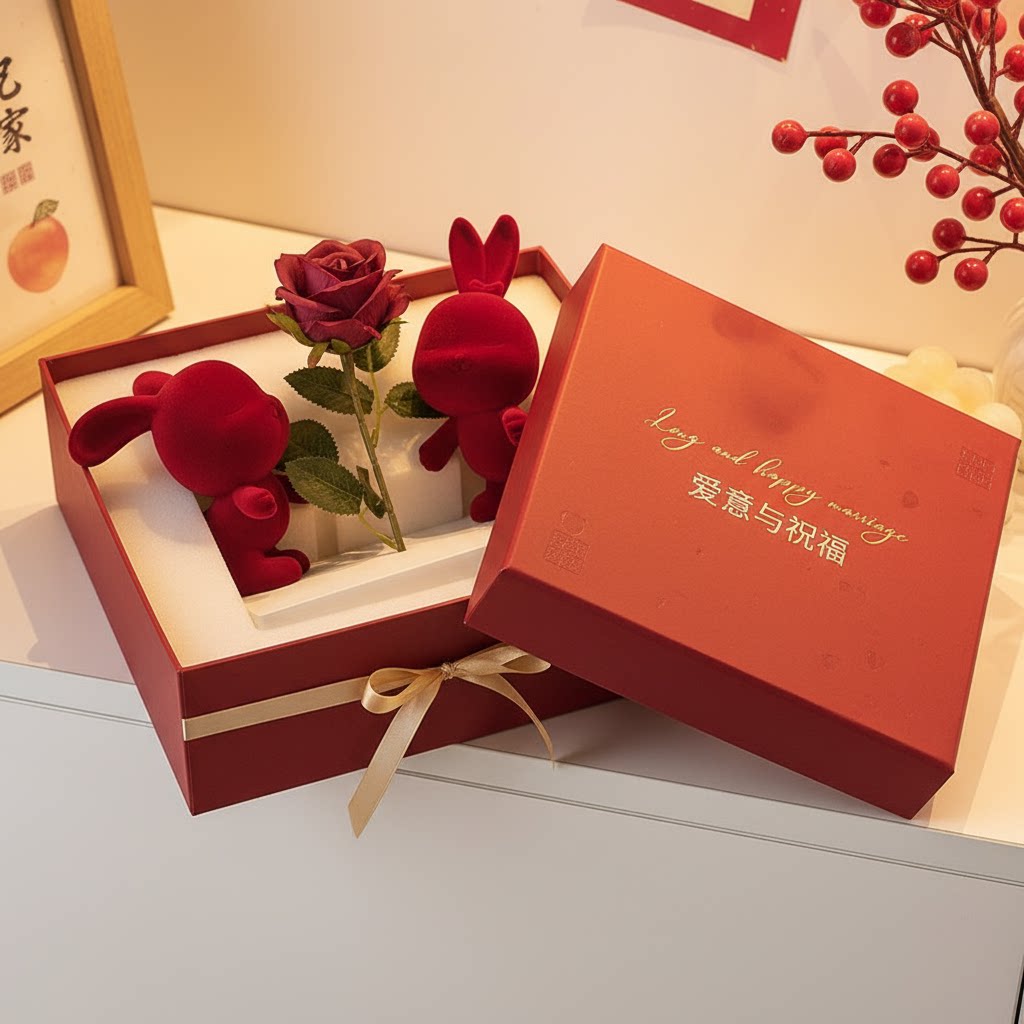 红色婚房装扮用品礼盒套装玫瑰花兔子装饰浪漫婚礼布置