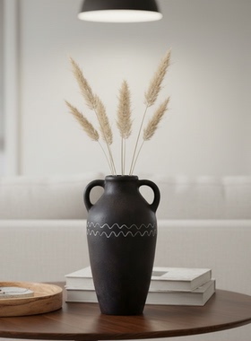 复古黑陶瓷双耳花瓶客厅书房摆件