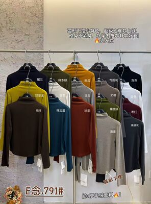 E念791秋季新款半高领纯色修身打底衫女弧形下摆收腰显瘦长袖上衣