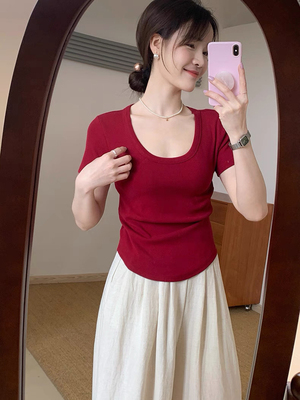 E念8601韩系U领正肩短袖t恤女2026新款夏季螺纹棉修身显瘦上衣