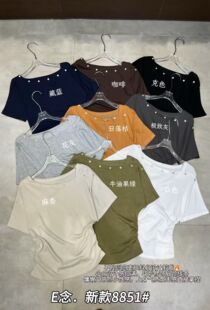 E念8851韩版简约设计感铆钉斜肩短袖T恤女夏季白色收腰显瘦上衣