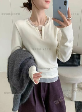 E念8121韩系简约气质圆领拼接假两件长袖T恤女修身显瘦打底衫上衣