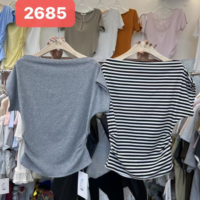 E念8630夏季新款短袖一字肩条纹斜肩T恤女侧边褶皱显瘦上衣2026