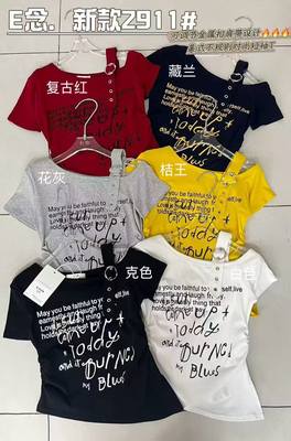 E念8789夏季新款美式辣妹斜肩字母印花短袖T恤高级气质百搭上衣女