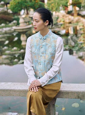 SAINTJOY/上久楷宋锦马甲女式 立领 团龙杂宝菊花纹立领 DWW24013