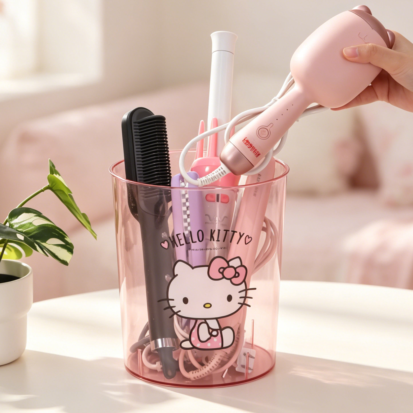 三丽鸥Hellokitty卷发棒专用收纳桶梳妆台面放吹风机直板夹置物架