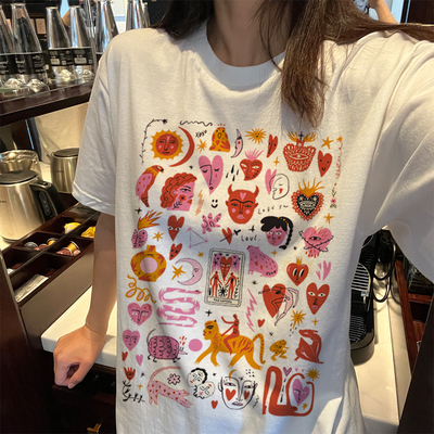 纯棉自制夏新款美式涂鸦粉色小恶魔印花宽松百搭圆领白短袖T恤女