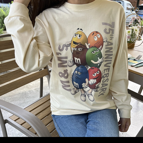秋冬新美式复古潮MM豆趣味卡通印花宽松打底圆领加厚百纯棉长袖T