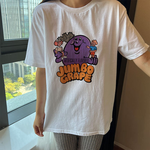 自制春夏新款MM豆卡通可爱搞怪全棉印花宽松百搭圆领白色短袖T恤