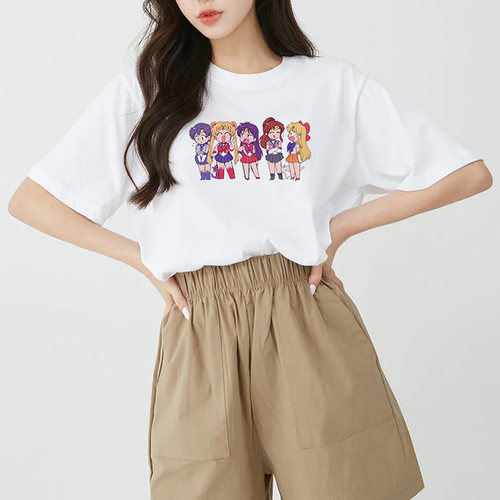 自制夏新款Q版可爱美少女战士全棉印花宽松百搭圆领白色短袖T恤女