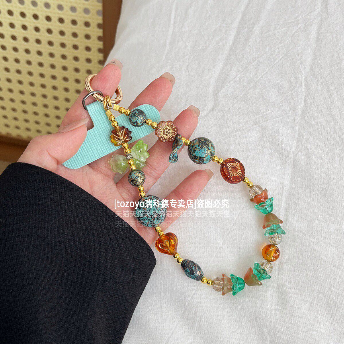 超好看绿色手机链挂饰独特做旧漆珠复古挂链清新漂亮花朵串珠手腕手链