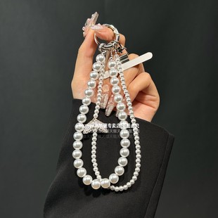 精致水钻鱼尾手机链原创新款珍珠双层链条漂亮手工串珠手腕挂链轻奢气质名媛风手链防丢绳腕带垫片包包钥匙壳