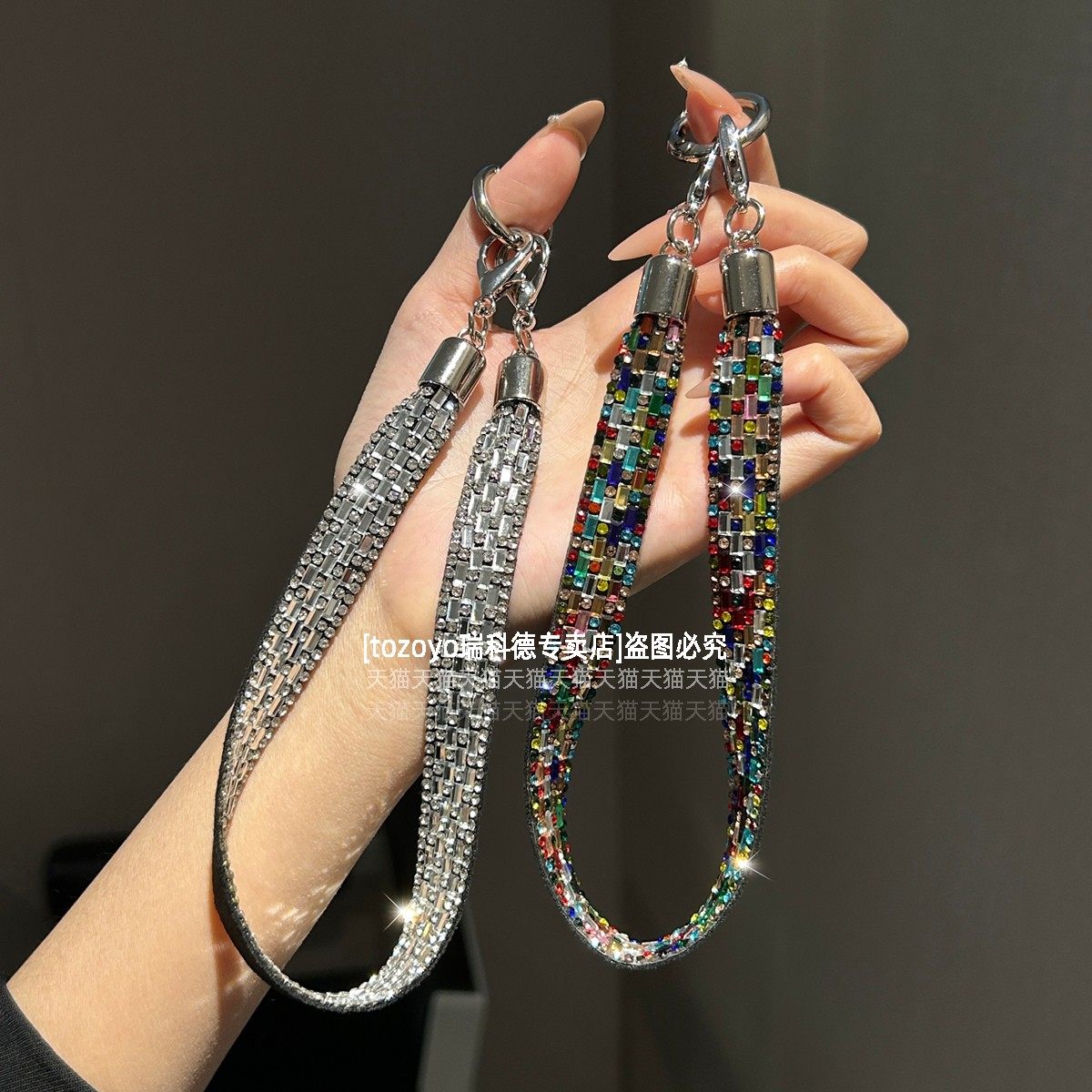 绝美手机链挂绳挂件奢华满钻植绒宽带手绳精致闪钻手腕款链条防盗绳耐