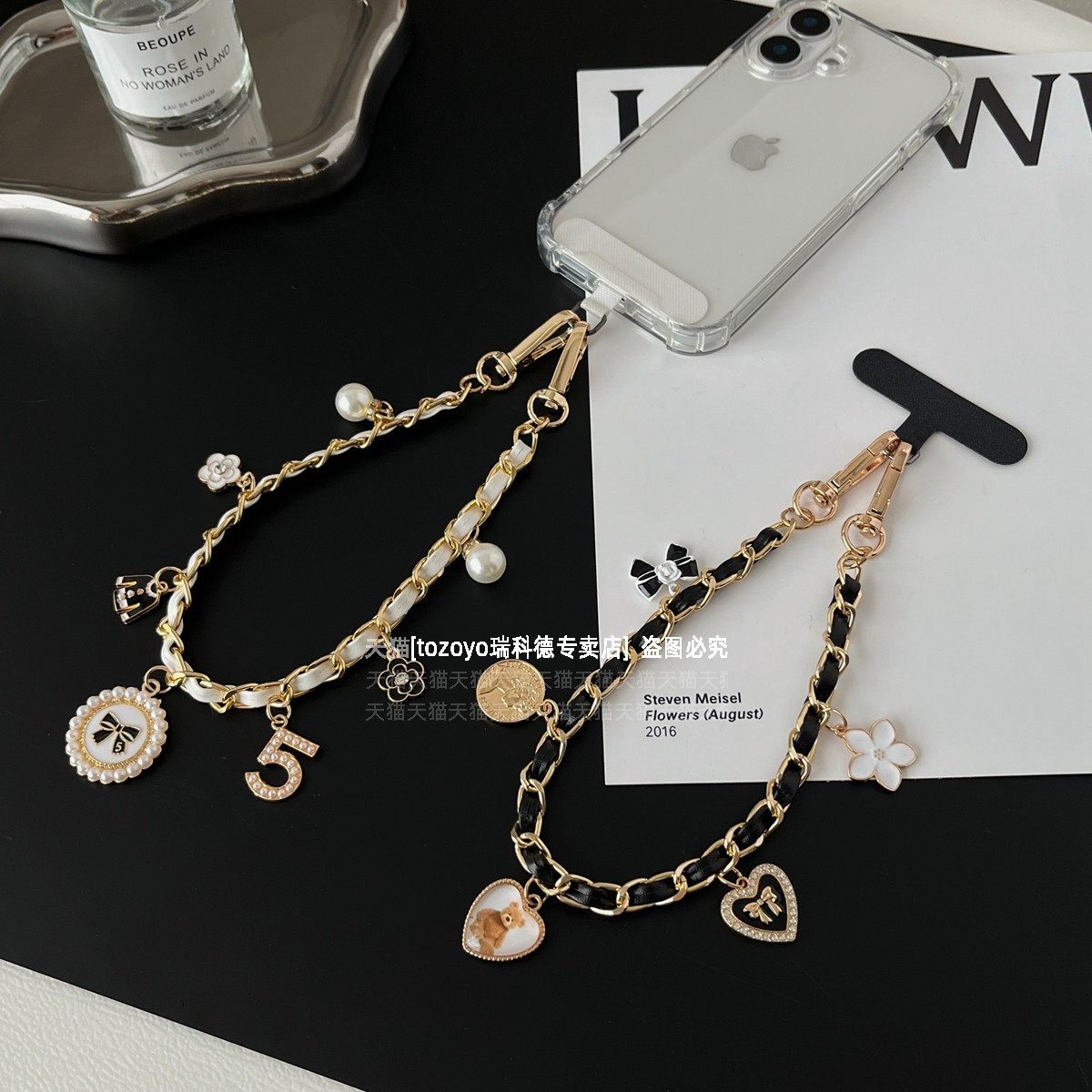 ins小香风手机链黑白皮革金属挂链挂手腕山茶花爱心珍珠吊坠时尚大