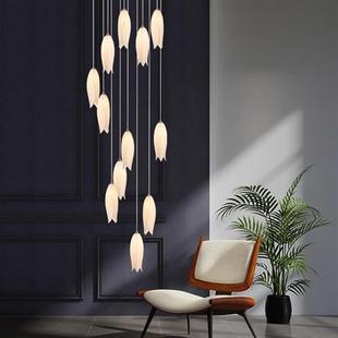 璞艺复式 楼楼梯吊灯现代简约中空跃层客厅吊灯创意郁金香陶瓷灯具