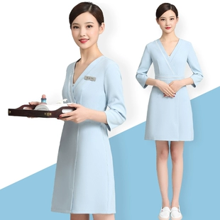 韩国高端气质前台职业服装 美容院美容师工作服连衣裙女夏季 短袖 薄