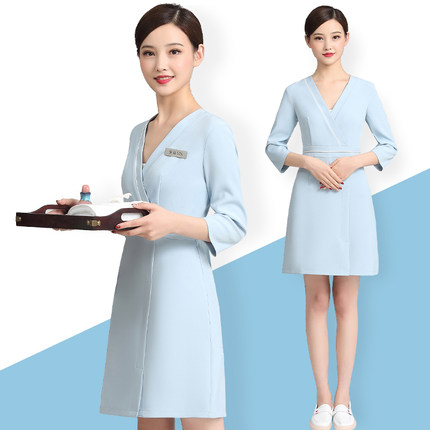 美容院美容师工作服连衣裙女夏季短袖韩国高端气质前台职业服装薄