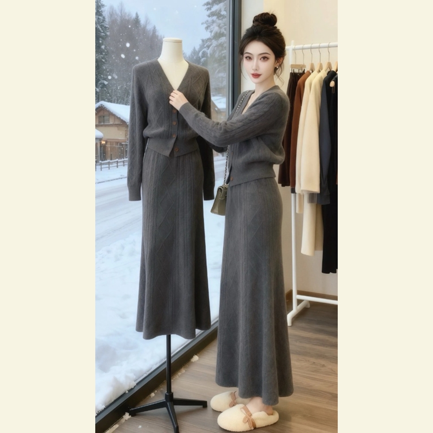2025冬季超火一整套轻奢高级感大方得体穿搭灰色针织衫两件套装裙