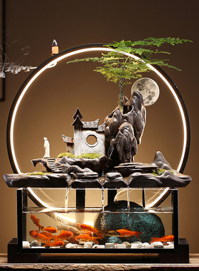 招财鱼缸玻璃中式风开业假山流水