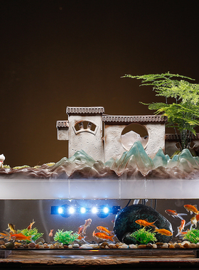中式假山流水摆件喷泉大号玻璃鱼缸水族灯循环水家居客厅玄关装饰
