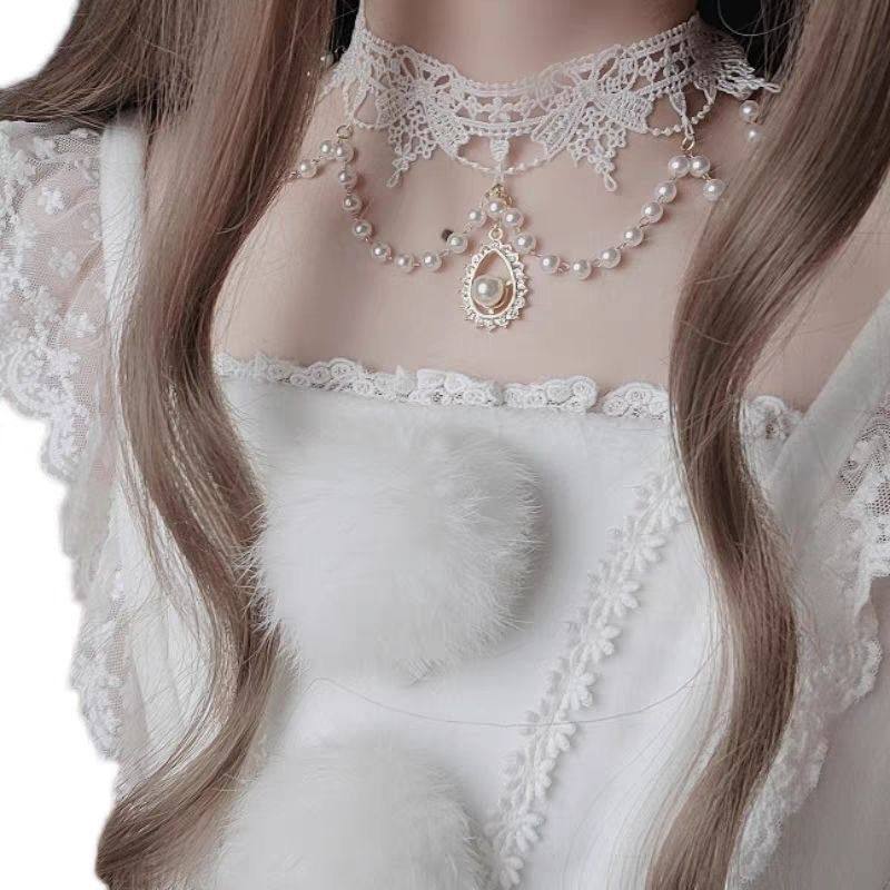 原创lolita洛丽塔项链宝石珍珠蕾丝颈链丝带配饰配件小物花嫁拍照