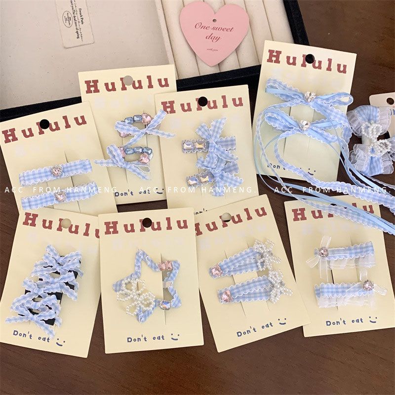 夏日蓝色格纹蝴蝶结珍珠水钻发夹蕾丝花边儿童BB夹发卡发绳套装女