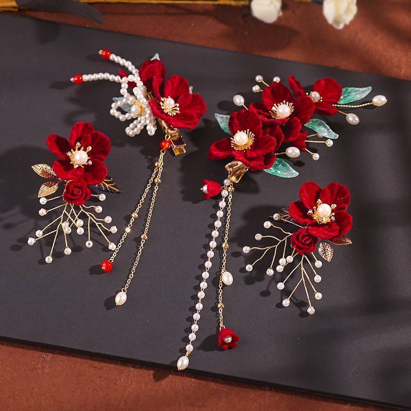 红色绒花发饰全套喜庆花朵发夹汉服新娘复古头饰珍珠流苏高级配饰