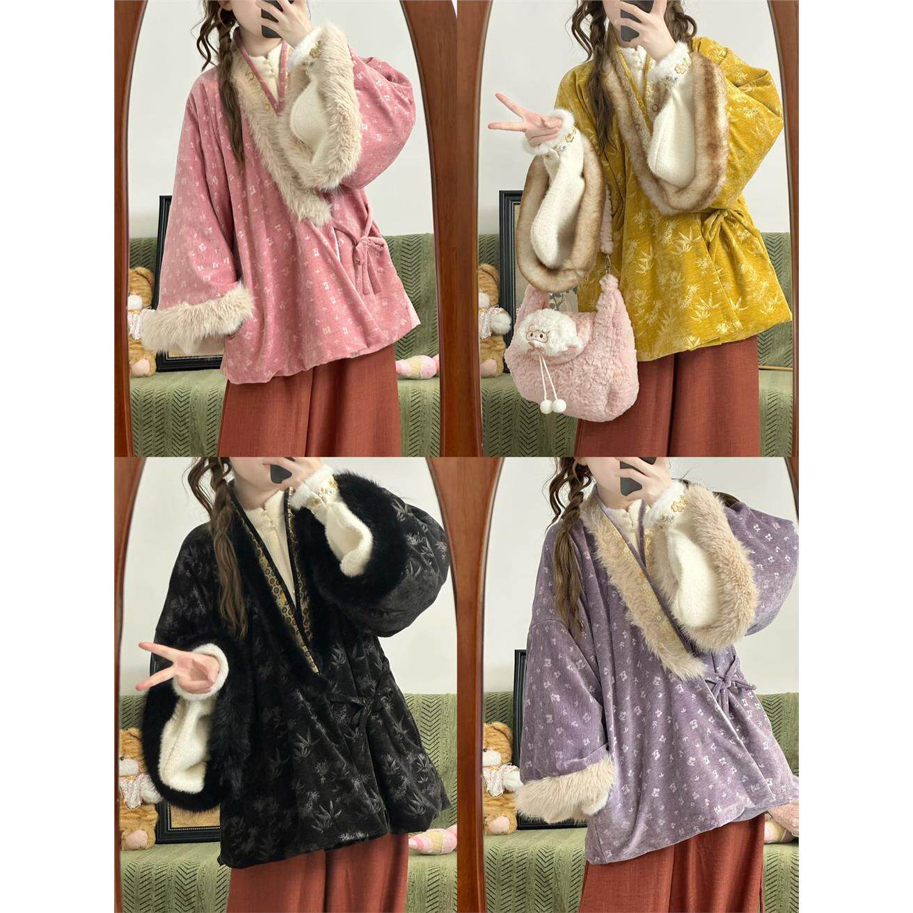 汉瑶华裳【竹樱】明制汉服女直领短袄雪尼尔提花对穿交日常琵琶袖