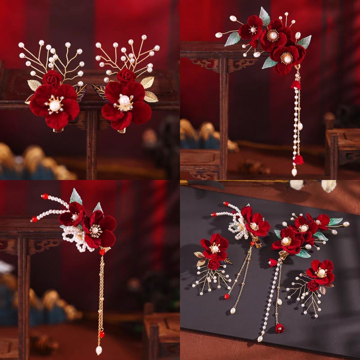 古风绯红山茶花套汉服发