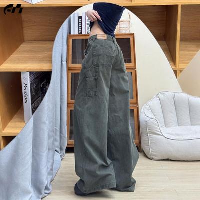 美式低腰工装裤女夏季新款小众设计感军绿阔腿宽松直筒弯刀牛仔裤