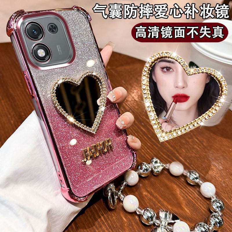 适用华为荣耀X70i手机壳爱心镜子ABR一AN00自带镜头膜honorx70i.保护硅胶套全包气囊honor防摔透明软壳女新款