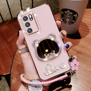 opporeno6手机壳新款reno6pro保护reon6por十硅胶套补妆镜PEQM00全包镶钻opopreno65g软壳opporeon女潮高级感