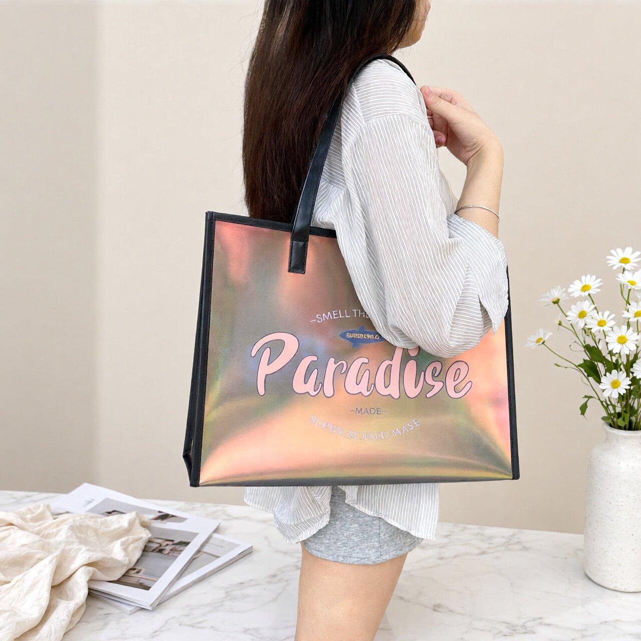 尚盈paradise时尚镭射透明果冻包女大容量手提单肩包沙滩包购物袋
