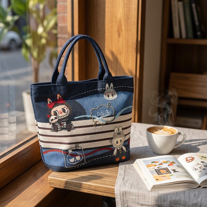 尚盈牛仔纹labubu斜纹防水手提袋大容量便当袋野餐露营杂物收纳袋