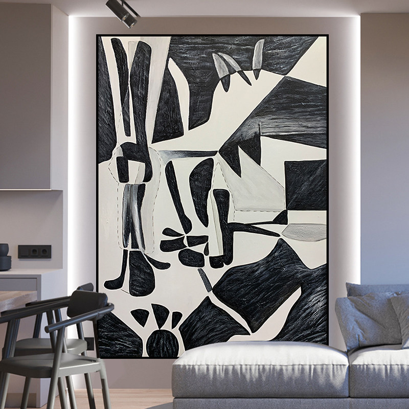 纯手绘油画极简现代简约小众艺术画竖版黑白玄关装饰画手工成品画