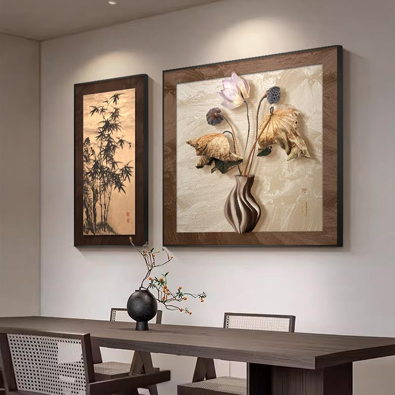 侘寂风餐厅装饰画禅意荷花客厅背景墙挂画复古肌理感两联卧室壁画图片