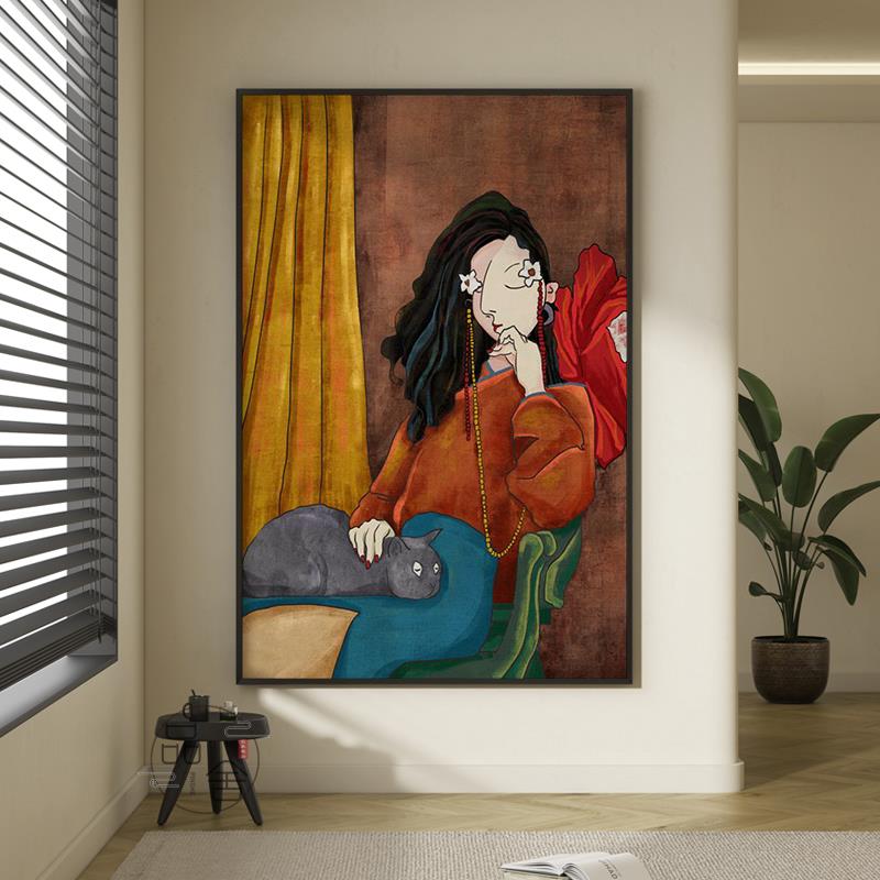 北欧风抽象客厅壁画时尚人物玄关装饰画小众复古卧室餐厅墙面挂画图片