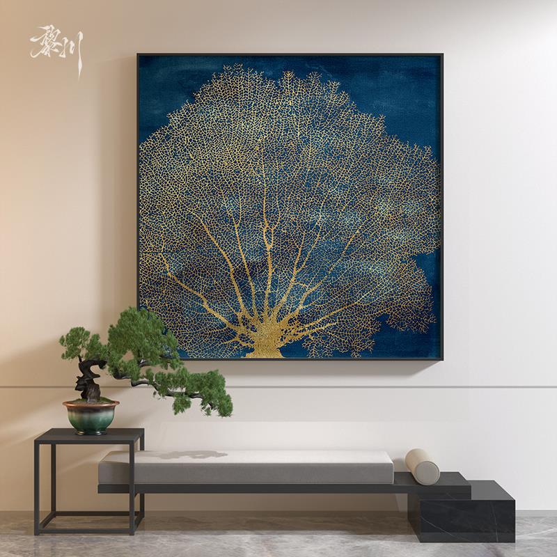 新中式蓝色轻奢树叶纹理茶室玄关客厅装饰画背景墙壁画方形挂画图片