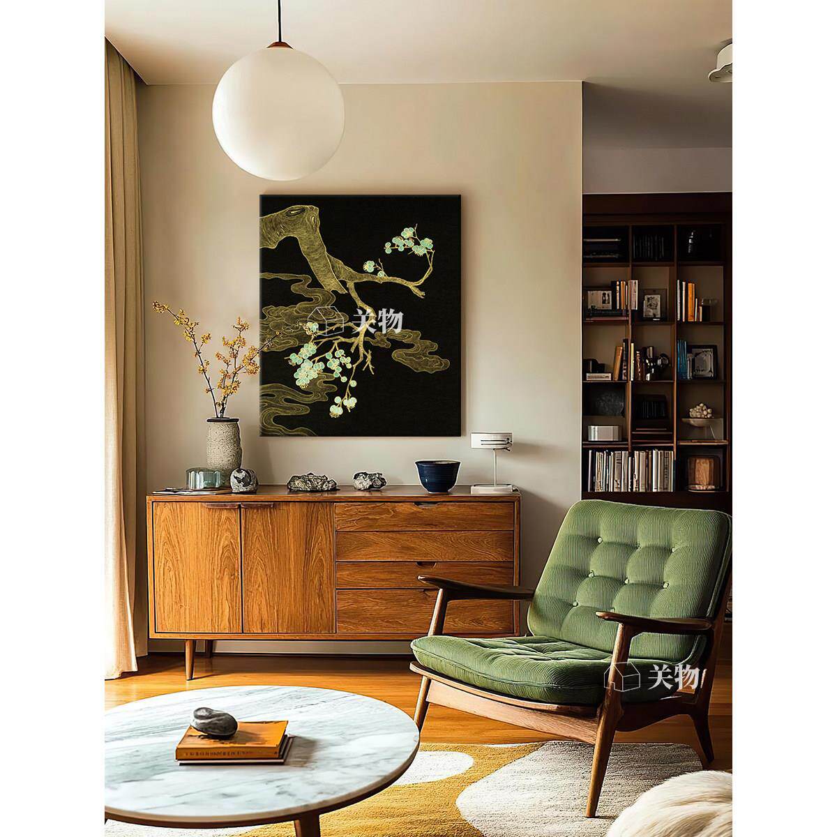 新中式松树手绘油画客厅玄关装饰画轻奢国潮金色祥云禅意茶室挂画