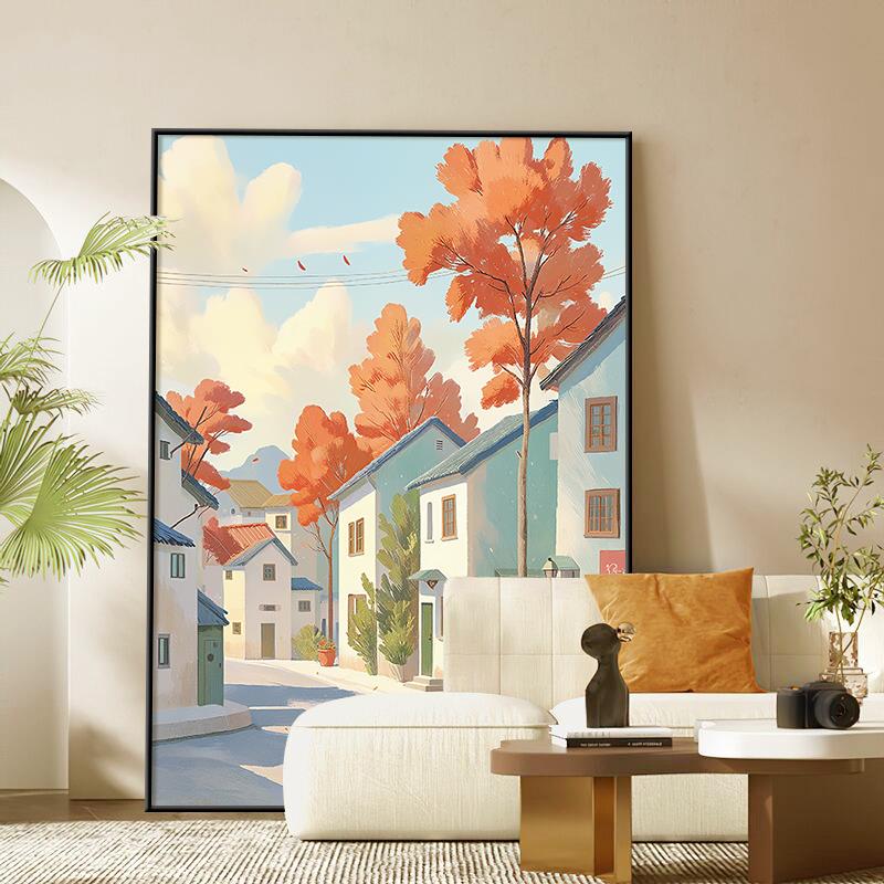 玄关房屋建筑风景装饰画客厅抽象艺术红色枫叶壁画沙发背景墙挂画图片
