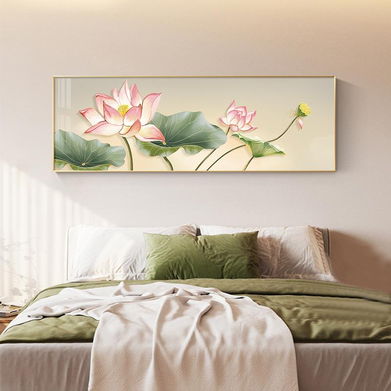 现代荷花卧室床头装饰画横版主卧房间挂画客厅沙发背景墙温馨壁画图片