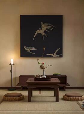 新中式黑色复古中国风飞鸟禅意卧室玄关客厅装饰画壁画方形挂画