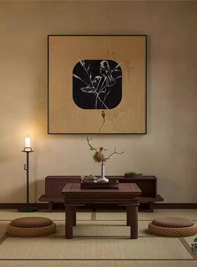 新中式黄色复古禅意黑白花鸟玄关客厅装饰画样板房壁画方形挂画
