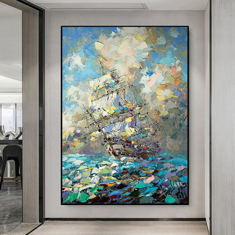 Notareart手绘油画《航海》抽象帆船玄关客厅背景装饰画立体挂画