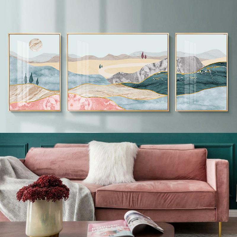 现代简约客厅大尺寸抽象艺术三联画北欧风格轻奢沙发背景墙面高山