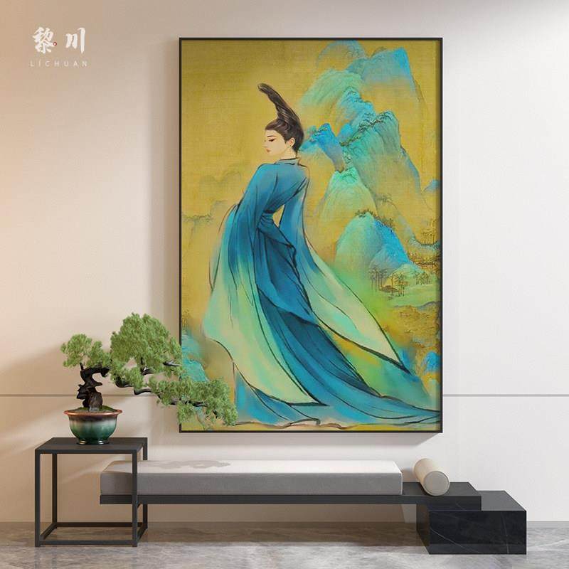 新中式装饰画客厅玄关青绿千里江山美女古典中国风人物壁画挂画