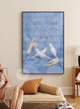 法式复古蓝色小众客厅餐厅入户玄关装饰画背景墙壁画竖版卧室挂画