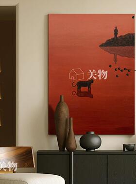 中古风抽象红色风景手绘油画小众艺术美式复古客厅装饰画玄关挂画