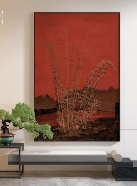 新中式古典植物红色风景高级感客厅样板间装饰画玄关壁画竖版挂画